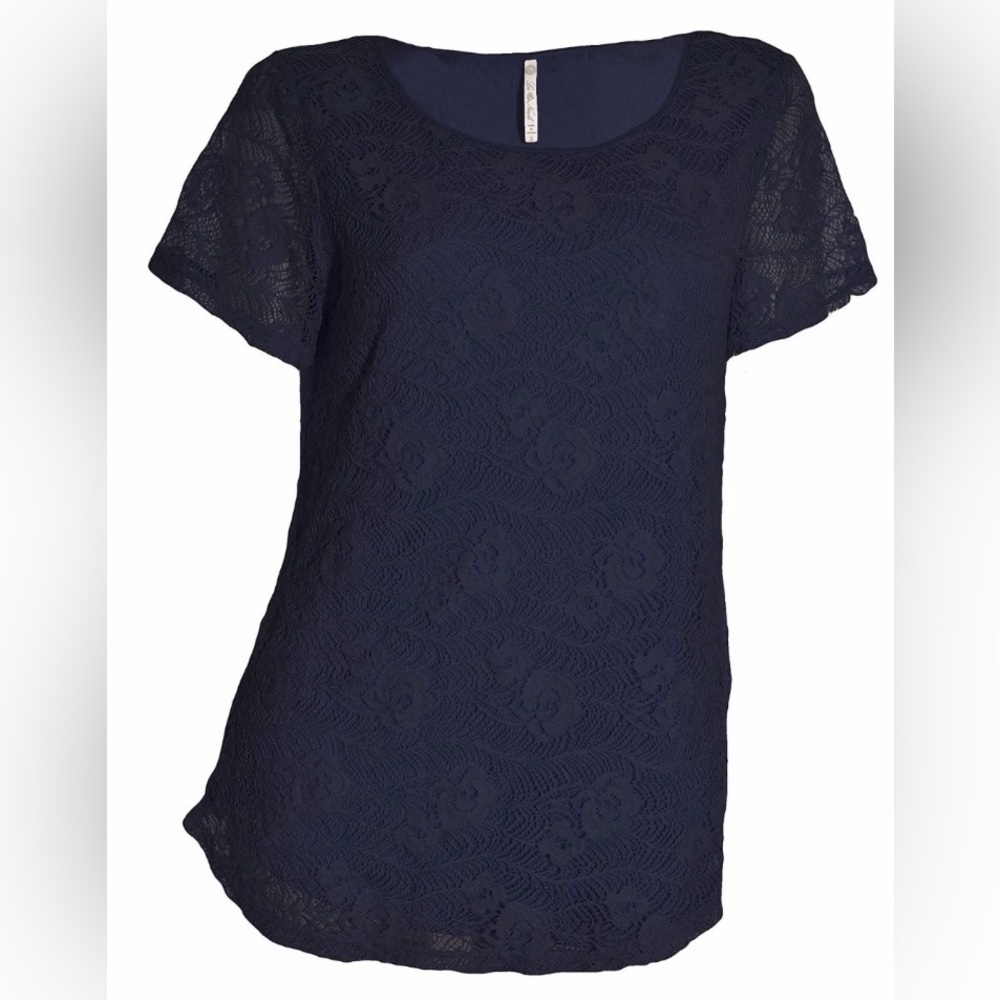 Leo & Nicole-Admiral Navy Lace Overlay Scoop Neck Short Sleeve Jersey Knit Top - Picture 6 of 6